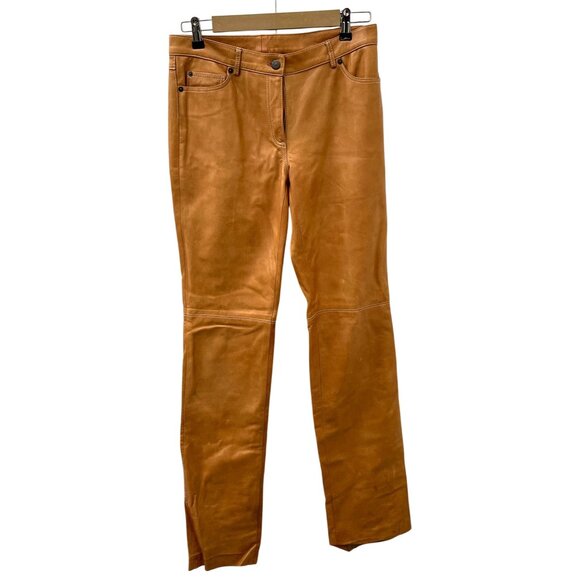 Vintage Michael Kors Genuine Leather Tan Pants Straight Leg Size 6 Zip Closure‎ - Picture 1 of 13